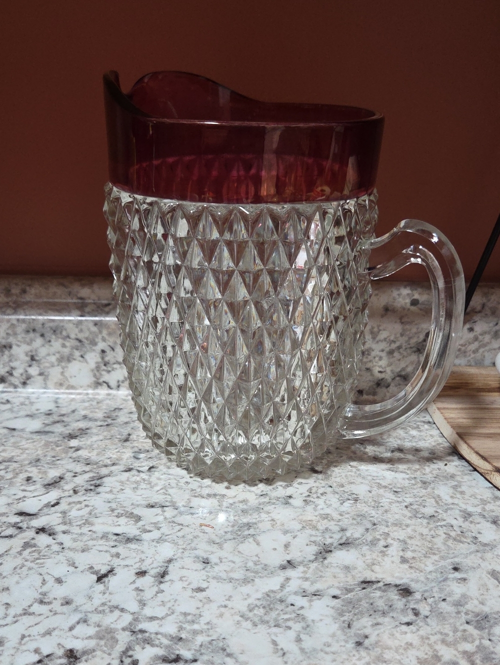 Diamond Point Ruby Glass Pitcher. Indiana Glass. Vintage